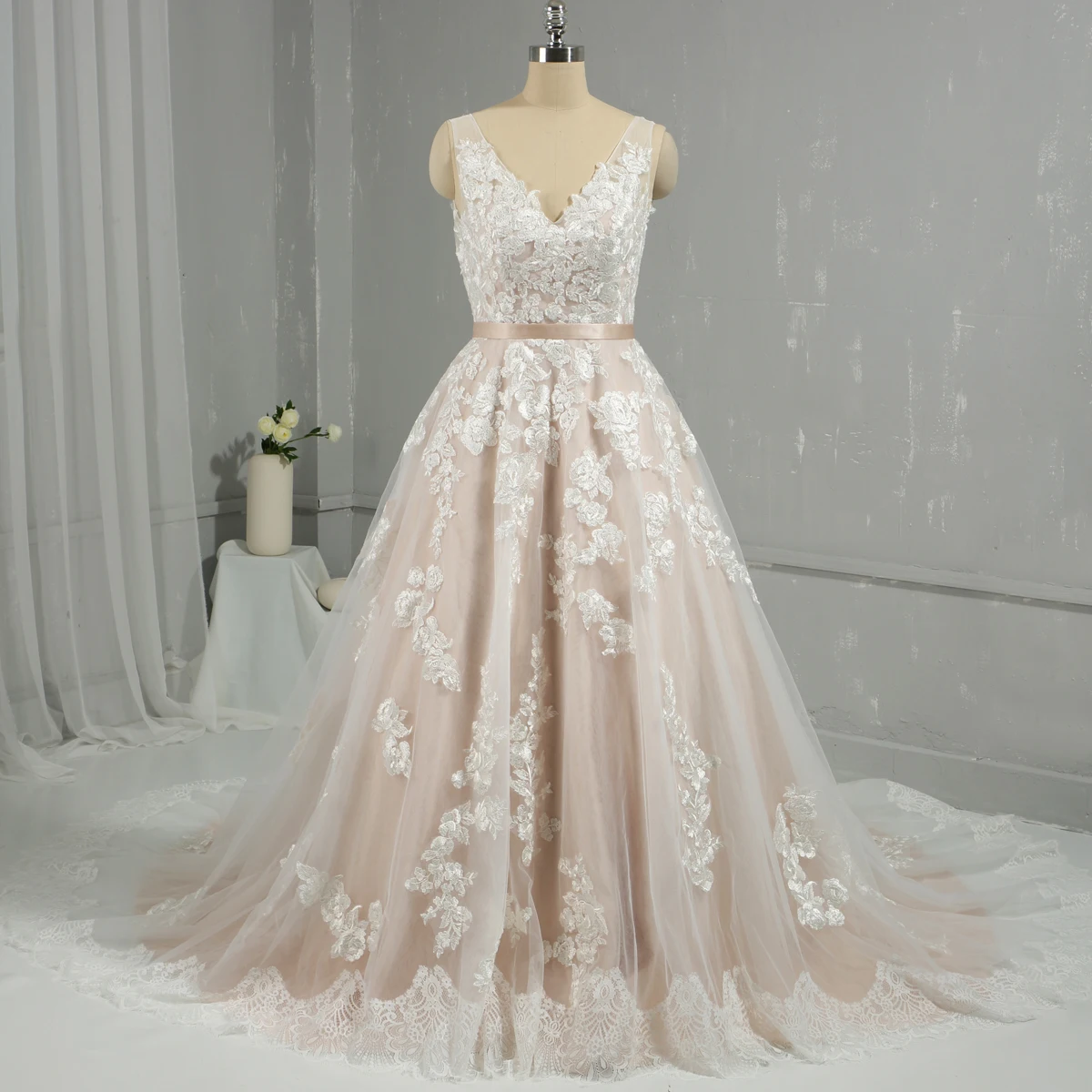 V Neck Tulle Lace Wedding Dress 