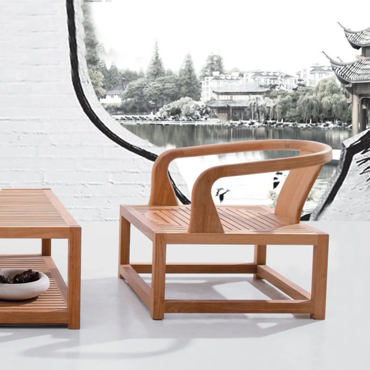 Nordic Style Solid Wood Sofa Balcony New Chinese Villa Garden Courtyard