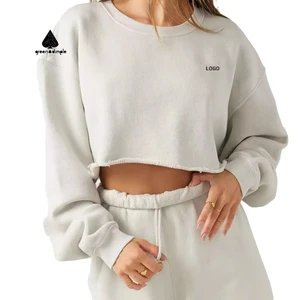 New Design Crew Neck Custom Autumn Gym Fitness Sets Women Plain Cotton Loose Long Sleeve Pullover Crop Top Sweatshirt