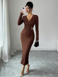 Clothing Manufacturer New Women's Clothing Solid Color Cross-collar Slimming Ladies Dress Winter Women's Clothing
