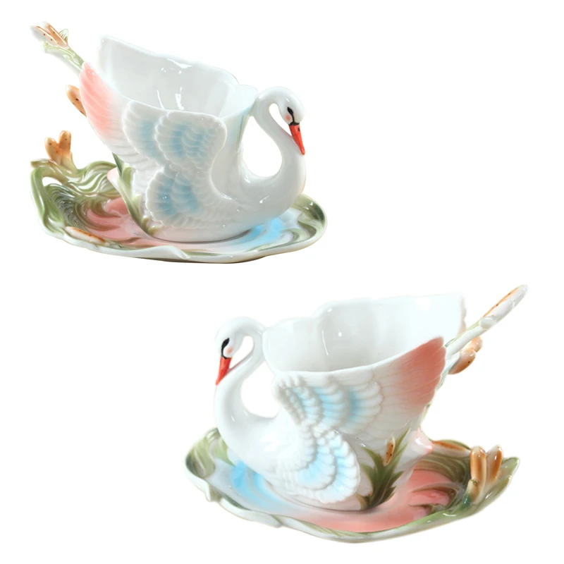 Swan Shape Creative 3d Design Ceramic Cup Enamel Coffee Cup Mug Porcelain Tea Cup and Saucer Spoon Drinkware