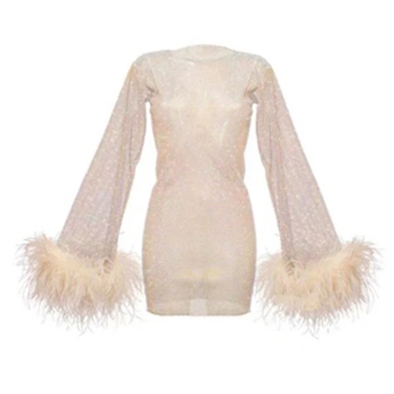 Shop Our Hot Sale Rhinestone Mesh Dress with Ostrich Feather Trim. Perfect  for Parties and Formal Occasions. Buy Now!