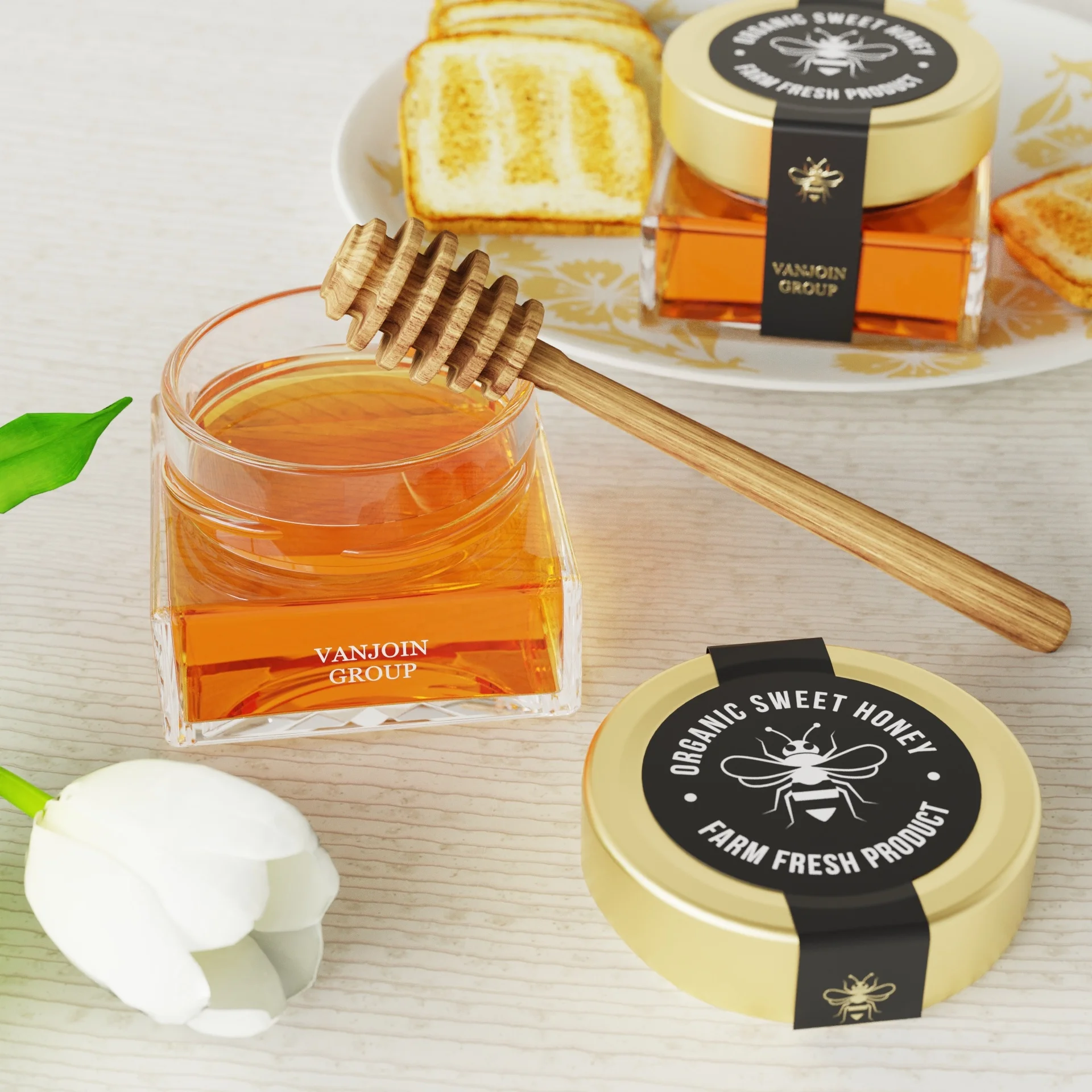 New Design 106ml Square Ergo Glass Honey Jam Jar With Deep Metal Lug Cap Wooden Honey Dipper for 150g Honey Storage