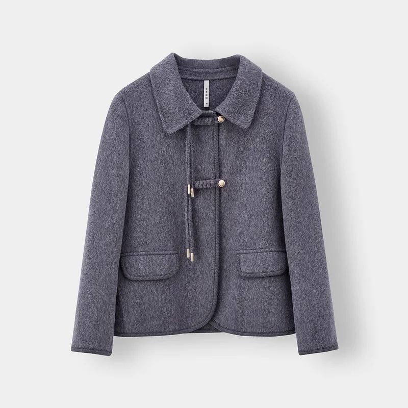 Women's Vintage Double Sided Wool Coat High End Fall Winter Casual Long Coat with Small Lapels Nylon Lining Sheep Fur Decoration