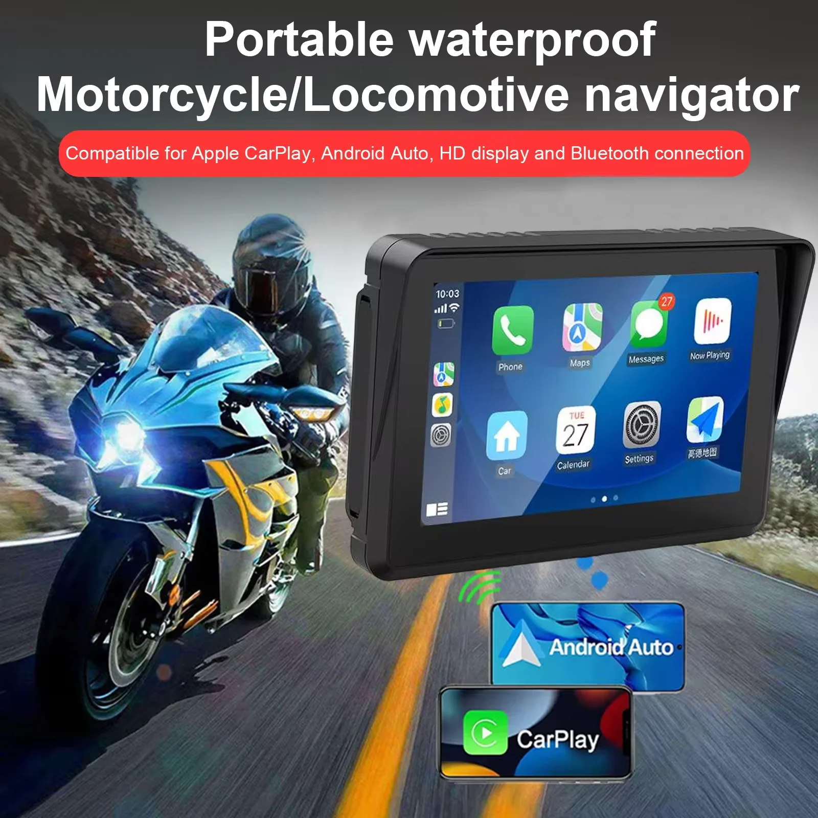 5 Inch Motorcycle GPS Navigator with Wireless Apple CarPlay 