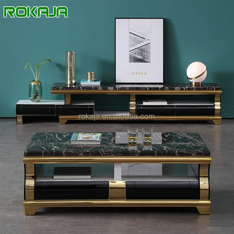 Modern Luxury Marble Coffee Table Tv Set Gold Metal Coffee