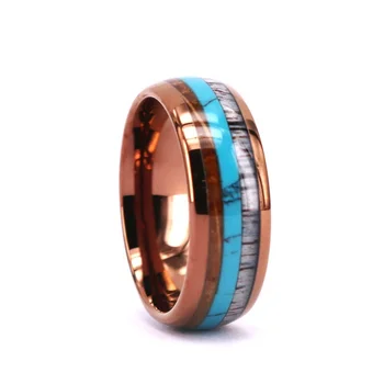 Brown Man woman wedding Band 2020 Blue Turquoise and Antler inlay Recycle Whisky Barrel Wood Ring