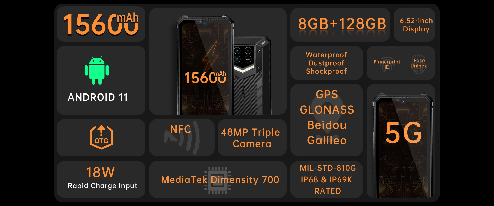 OUKITEL 5G Rugged Smartphone, WP13, 8GB+128GB Rugged Phone Android 11  Unlocked Smartphone 6.5” HD+ 5280mAh 48MP Triple Camera Shockproof  Waterproof