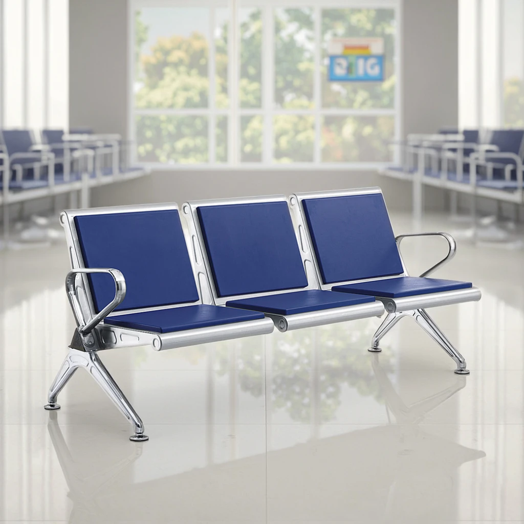 Wholesale Blue Waiting Room Chairs 3 Seats PU Leather Seat Cushion Stainless Steel Waiting Chairs for Airports Hospitals 5