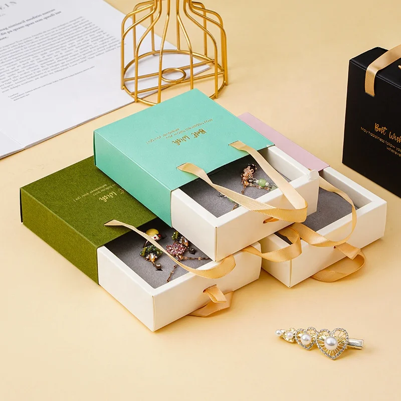 Custom Soft Foldable Cardboard Sliding Drawer Gift Box Carton With Handle Gift Jewelry Display Box With Flocked Foam Insert