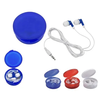 Promotional giveaways gifts portable wired 3.5 mm in-ear sports earphone earbuds in round plastic case