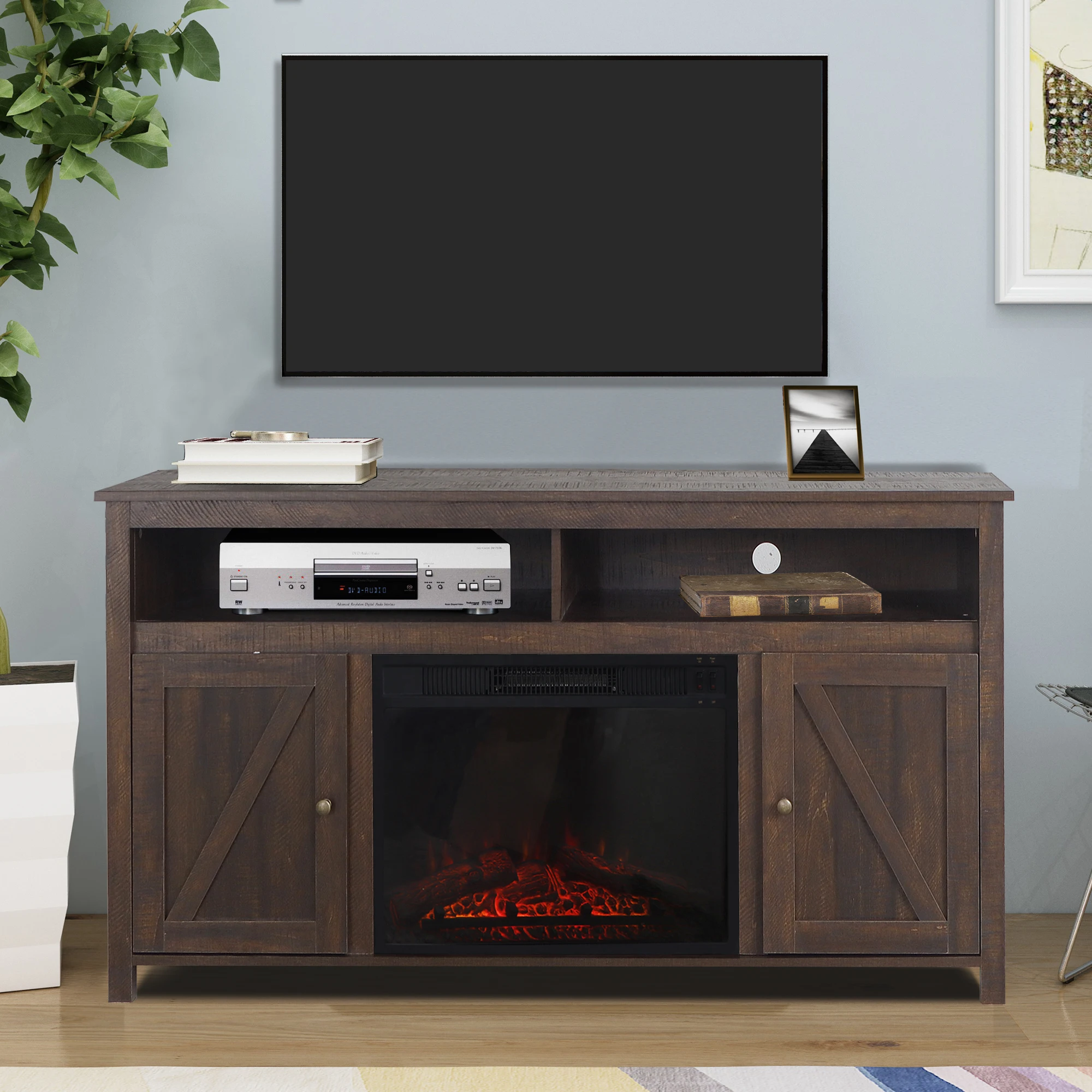 Modern Barn Door Wood Lcd Living Room Tv Console Storage Stand