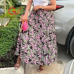 GX8340 Fashion Summer Street Wear Lady Women Sexy Printed Unique Cute Long Skirt Sexy High Waist Printed Maxi A-line Skirt