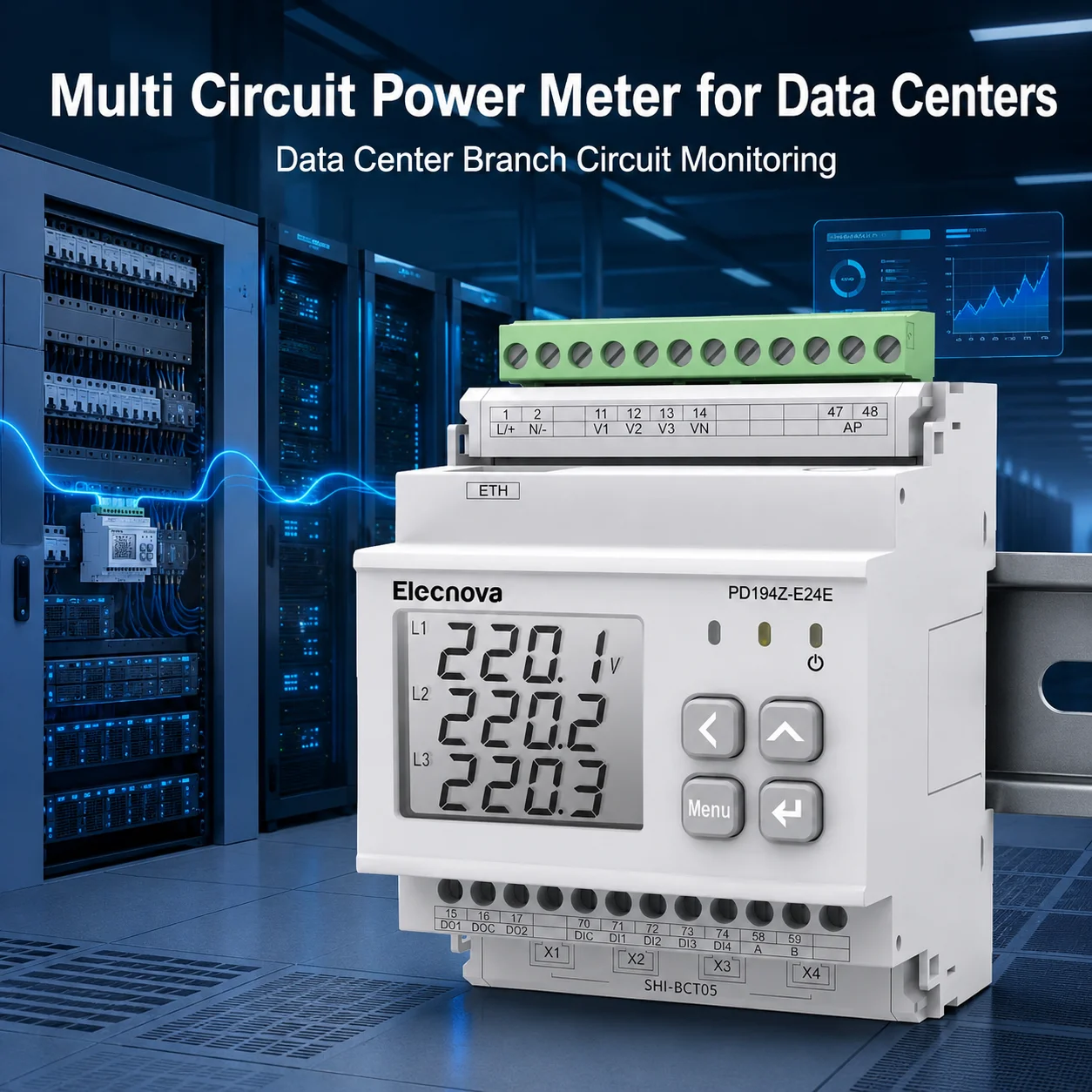 Multi Circuit Power Meter Modbus TCP 4 Channel Three Phase 12 Channel Single Phase Energy Monitoring Meter for Data Center