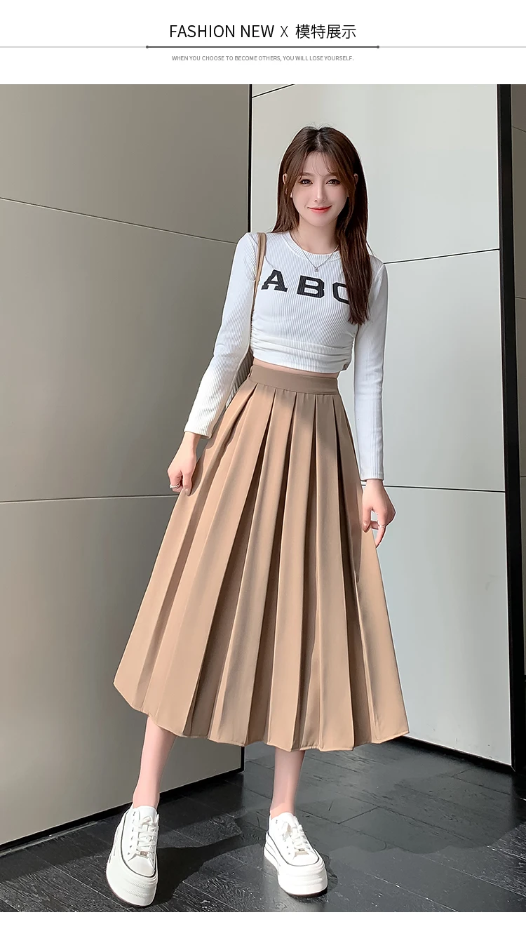 2023 frühjahr und Sommer Neue Stil mit Hemd Kaffee Farbe Plissee Halb S frauen Hohe Taille ein Wort in die Lange Half214_voghion.com