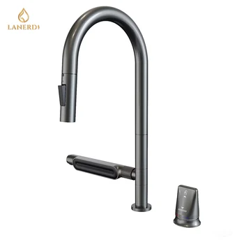 China Faucet Manufacturer New Trend Stainless Steel Two Holes Flying Rain Pull Down Kitchen Faucet wth Seperate Handle