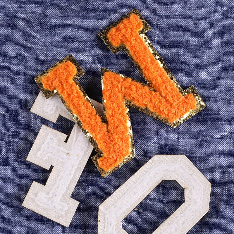 OEM fast ship sequin letter jeans chenille patches custom logo embroidered jacket fabric badge patch with best quality manufacture