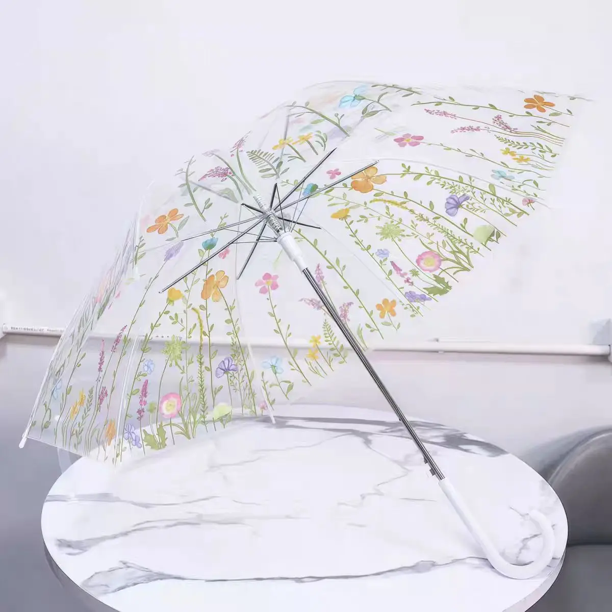 Custom OEM High-Value Photography Flower POE Transparent Straight Long-handled 8 Ribs Outdoor Rainy Umbrella