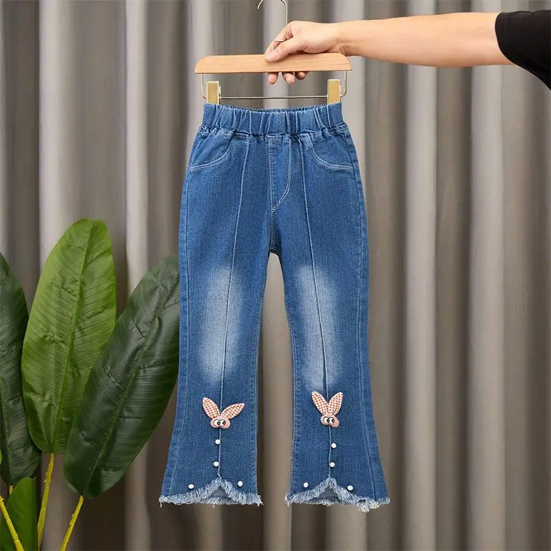 Spring Fall Slim Elastic Waist Bell Bottoms Denim Trousers Kids Young Girls  Jeans Little Girl Denim Pants 3-13 Years Flare Pants