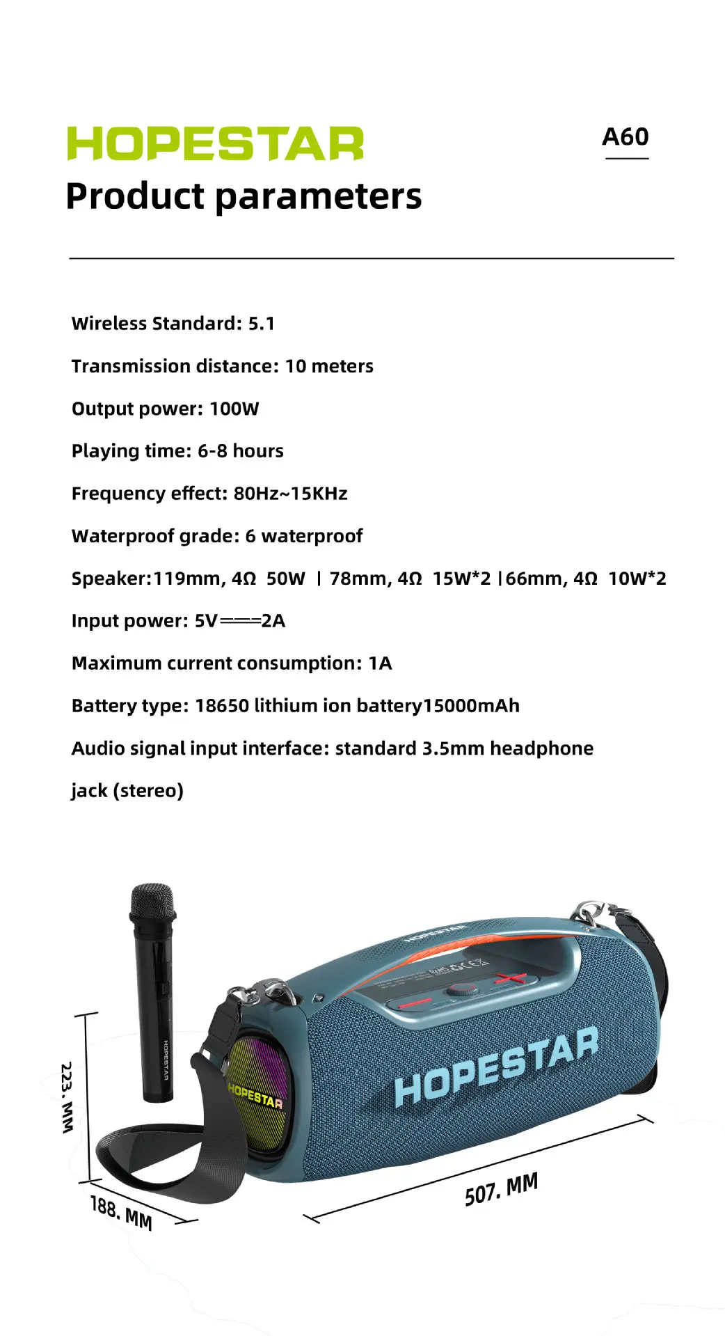 Hopestar Speaker 100W Outdoor Portable Audio Player A60 High Quality RGB Wireless RGB Wireless Subwoofer for Home Parties