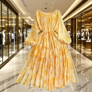 New Fashion Long Sleeve Printed Chiffon Dress Empire Waistline Ruched Decoration Solid Pattern Midi Length for Spring Autumn