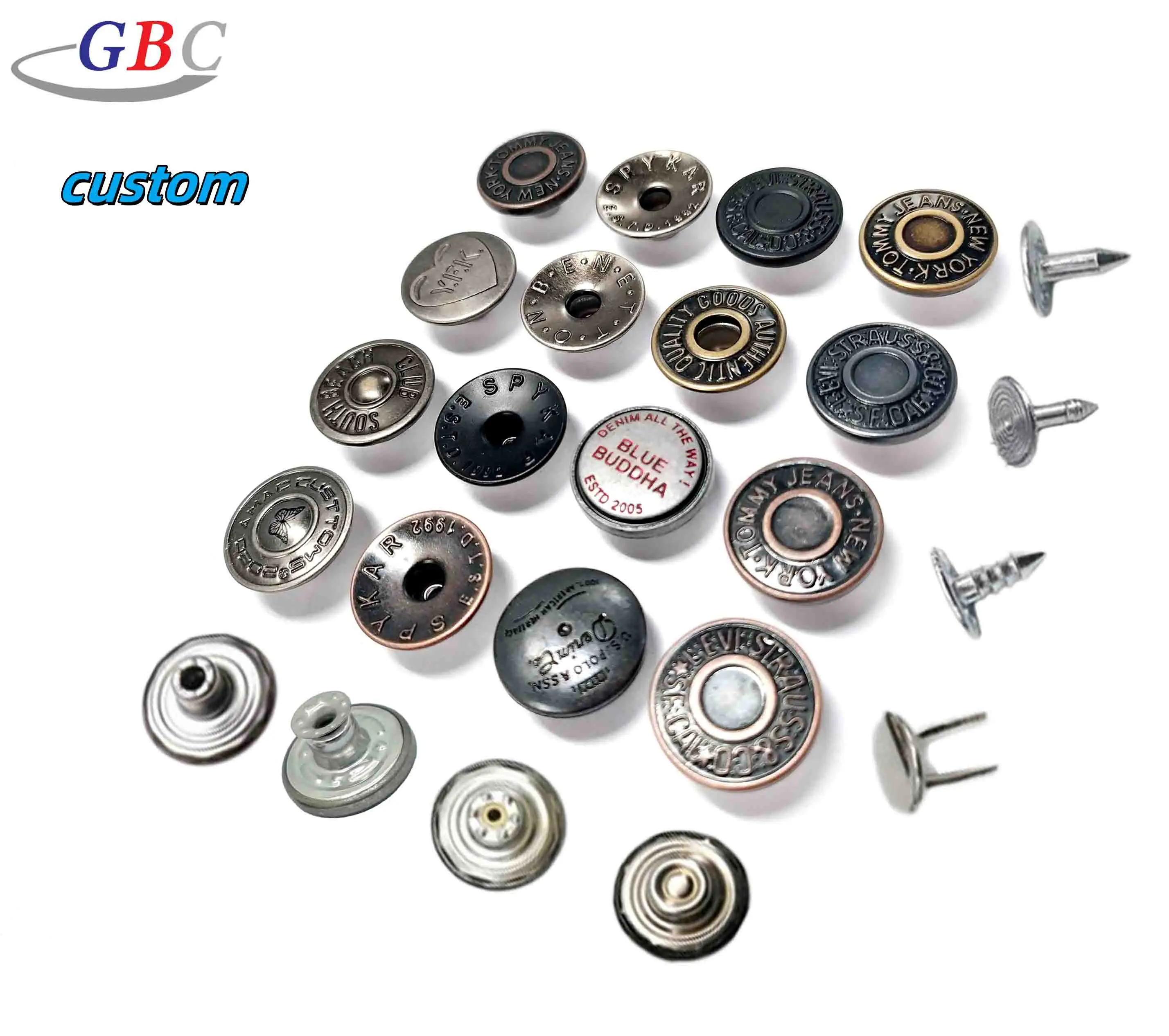 Custom Logo Jeans Buttons, Metal Denim Buttons & Rivets, 13mm-20mm, OEM/ODM, Jeans Snap Button for Clothing Manufacturers