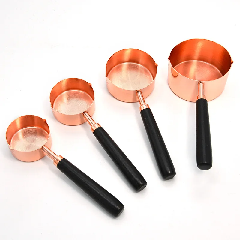 Stainless Steel Rose Gold Measuring Cups And Spoons With Walnut Wood ...