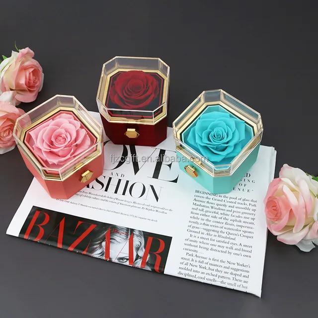 Factory New Handmade Acrylic Paint Eternal Flower Ring Necklace Jewelry Box Fresh Square Preserved Flower Box Octagonal Rotating