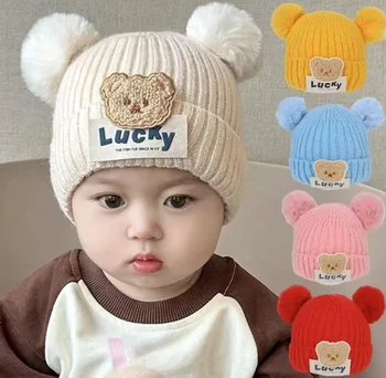 New Autumn Winter Baby Warm Knitted Hats With Pom Kids Knit Beanie Hat Solid Color Children Hat for Boys Girls Accessories