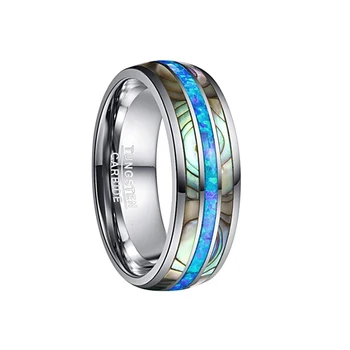 Men's 8mm Tungsten Carbide Ring Genuine Blue / Green Opal and Abalone Shell Wedding Engagement Ring