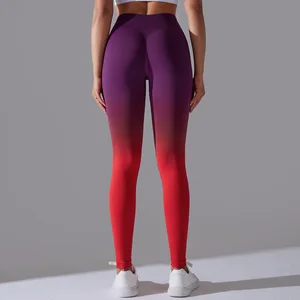 Seamless Knitted Yoga Leggings Candy Gradient Color Tight High Waist Hip Lifting Yoga Pants Sports Fitness Pants for Women