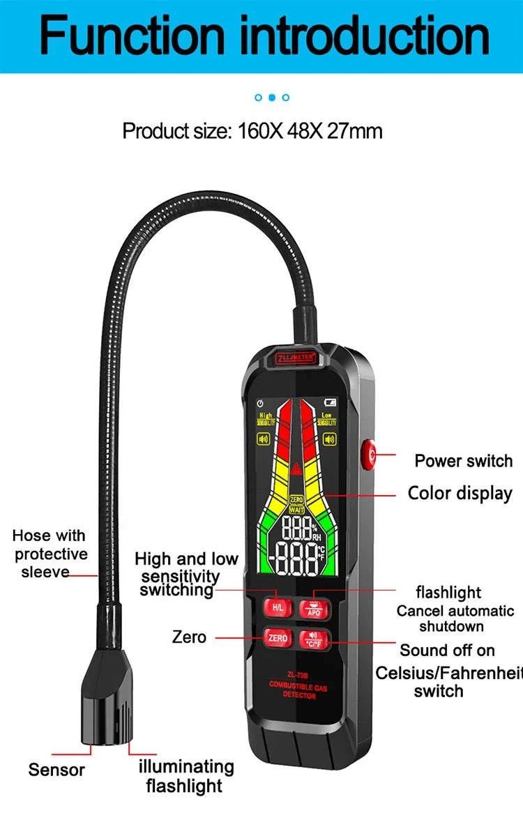 Industrial-grade combustible gas analyzer for accurate detection Wide measurement range of approx. 50–10000 ppm for precise monitoring Detects gases like LPG, methane, propane, and other flammable gases High-sensitivity sensor for reliable and fast leak detection Rechargeable battery for long-lasting and portable use LCD display for real-time gas concentration readings Audio and visual alarm alerts for instant hazard warning Fast response time with stable and accurate performance Durable design suitable for industrial environments Ideal for factories, pipelines, refineries, HVAC, and safety inspections