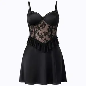 Women's Elegant Sexy V-neck Floral Lace Nylon Nightgown Smooth Soft Breathable Quick Dry Sleeveless Elastic Waist ODM Sleepwear