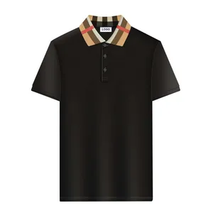 Button Placket Ribbed Knit Cuffs Slim Snug Fit Standard Size Plaid Collar Black Polo Shirt for Man