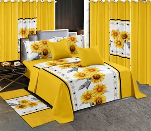 13 Pcs Bedding Set king Size Luxury Yellow Sunflower 100% Microfiber Bedsheet Set Collections with Matching Curtains for Black