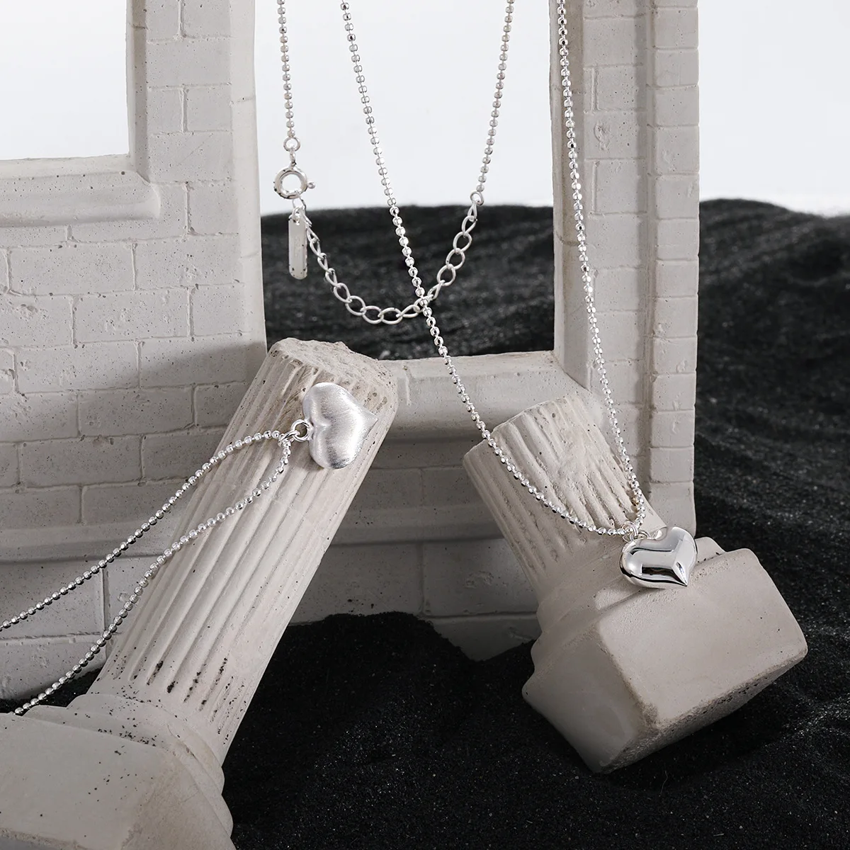 Round Bead Chain Matte Brushed Heart Necklace for Women's High-end Sense S925 Pure Silver Niche Simple Peach Shaped Necklace