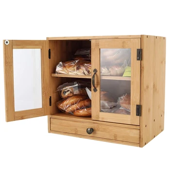 Adjustable Double Bread Storage Kitchen Countertop Bread Rack Bamboo Double Bread Box Cutlery Tray