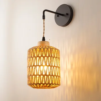 Paper Rope Rattan Boho Wall Sconces Hardwired Hand-Woven Farmhouse Wall Lamps with Wooden Arm & On/Off Dimmable Switch
