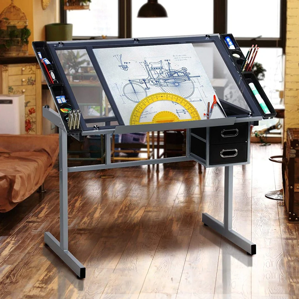 SINOART High Quality Transparent Glass Top Height Adjustable Drawing Table Drafting Table  for School Home Furniture