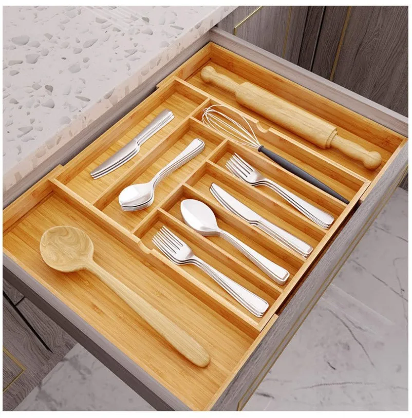 Kitchen Knives Adjustable Cutlery Tray Bamboo Expandable Wood Drawer Dividers Storage Organizer for Utensils Flatware Holder