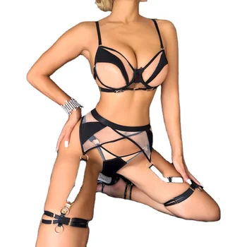 Women's Sexy Four-Piece Garter Lingerie Set Complex Mesh Splicing See-Through Underwear with Lace Decoration Wholesale Supply
