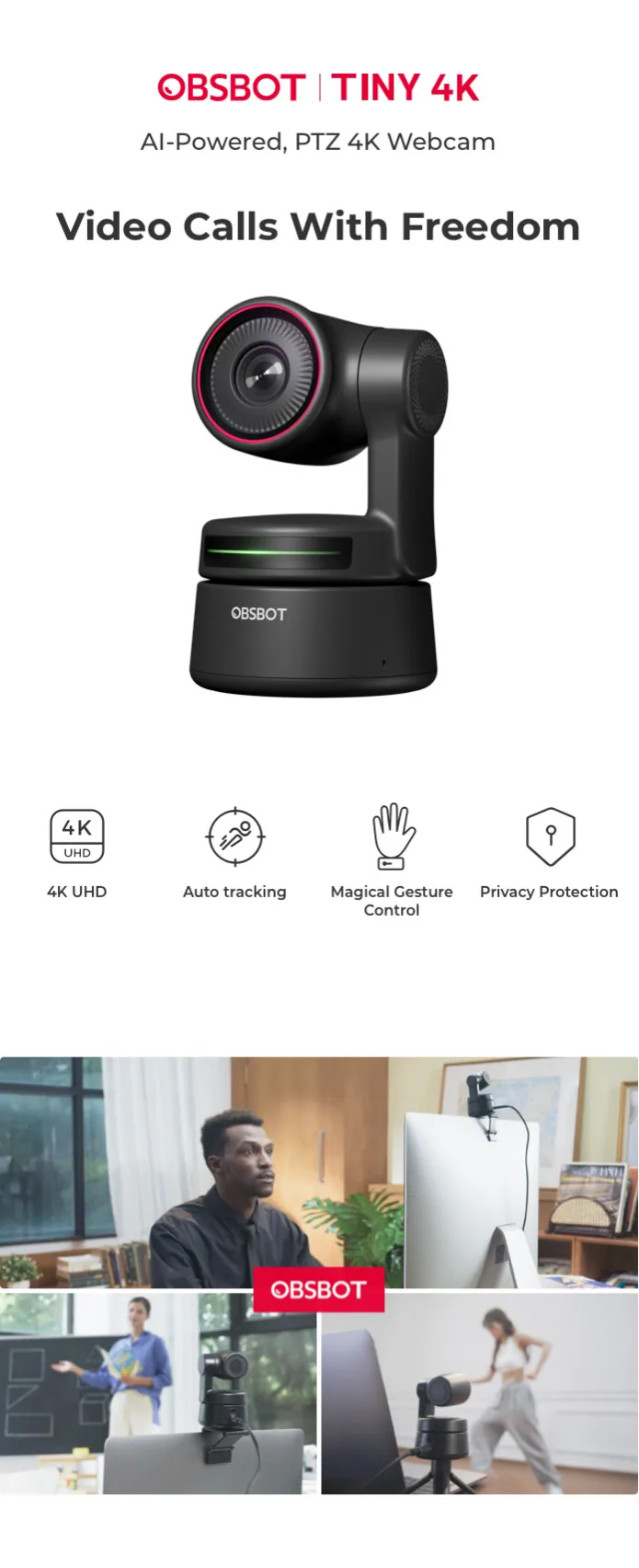 OBSBOT Tiny 4K AI Webcam - Auto-Framing & Gesture Control
