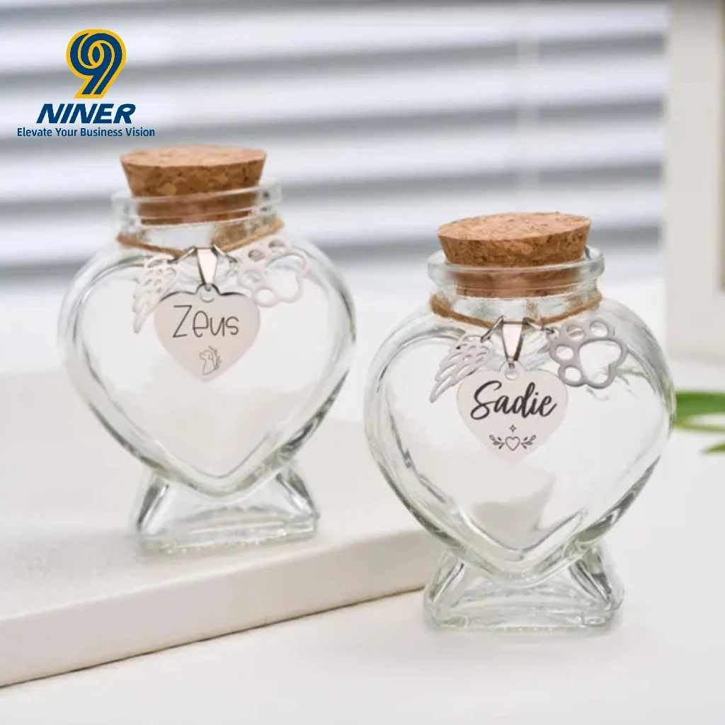 Modern Eco-friendly Engraved Pet Memorial Glass Bottle with Heart-shaped Design wings and Paw Print Pendant