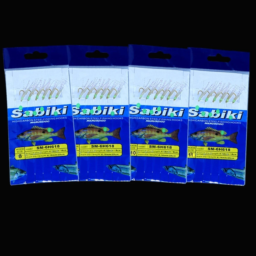 6Pcs Sabiki Rig Real Fish Skin Saltwater Fishy Smell Rig Luminous Fishing N U3H9 