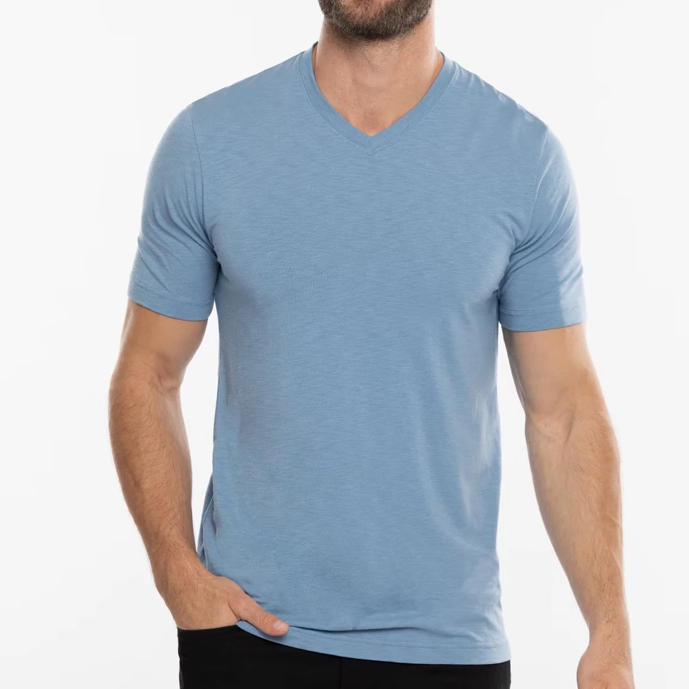 Custom Logo Cotton Polyester Slim Fit Casual V-neck T Shirt For Men ...