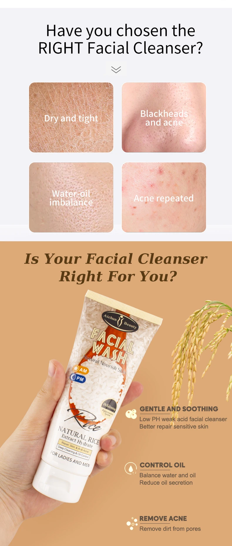 100ml Gentle Natural Rice Oil-control Anti-ance Face Wash Cleaning Facial Wash for Women and Men