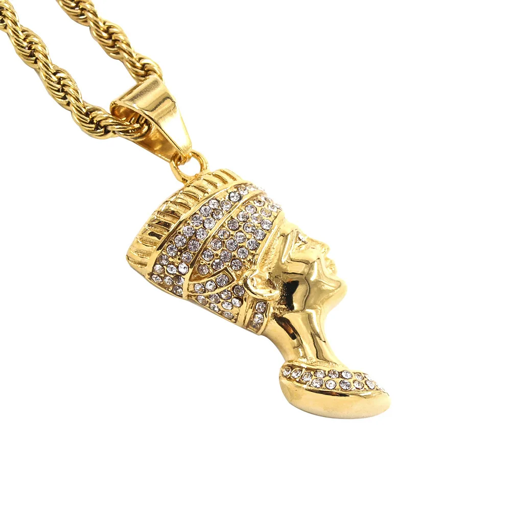 Charm Egyptian Stainless Steel 2021 New Fashion Hip Hop Men Gold Plated Egyptian Queen Cleopatra Pendant with Diamond Necklace