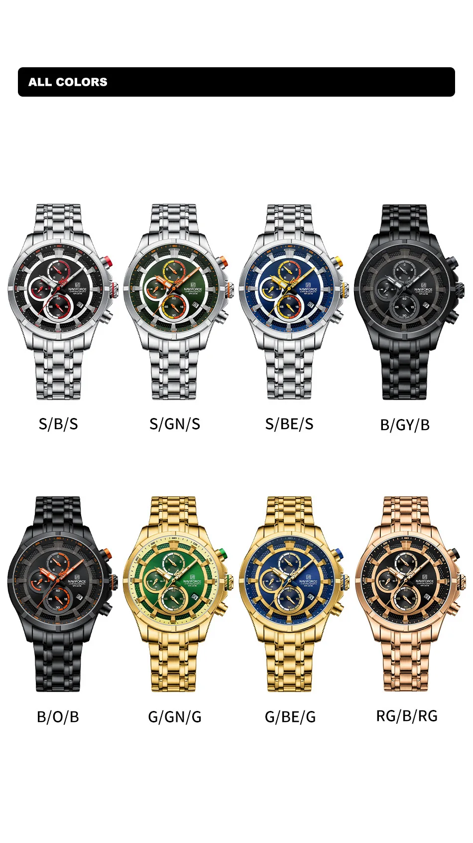 NAVIFORCE 8046 GBEG Custom Quartz Chronograph Design Wrist Watches Blue Dial with Gold Stainless Steel Band Men Watch