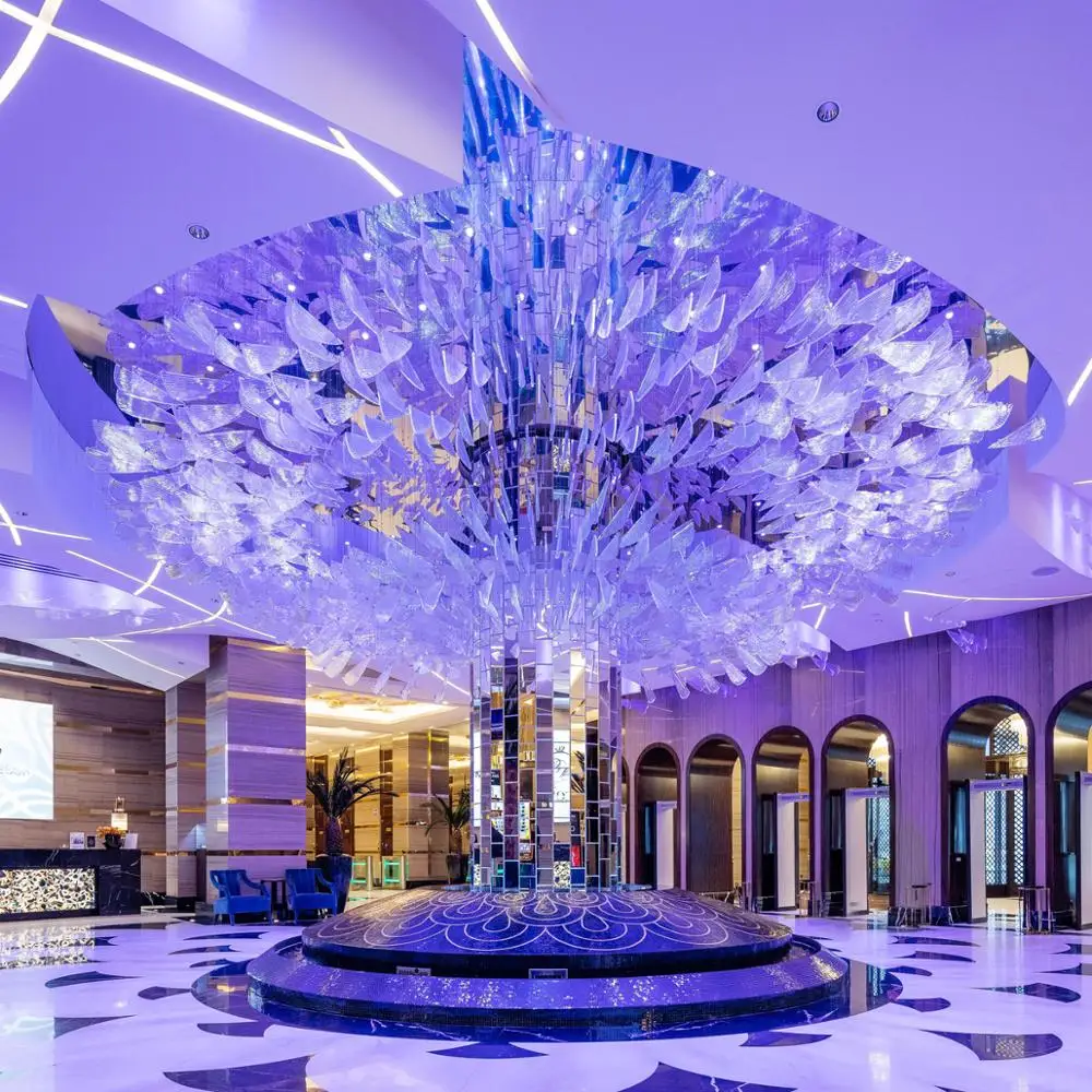 Keyming Lighting Customized Casino Hall Handmade Bule Glass Pendant Large Chandelier Light Ceiling Luxury Chandelier