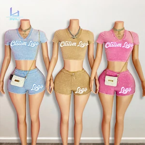 Huili Activewear Manufacturers Crop Top Tee & Shorts Outfits Custom Logo Sports Gym Vintage Wash Summer Two Piece Set for Women